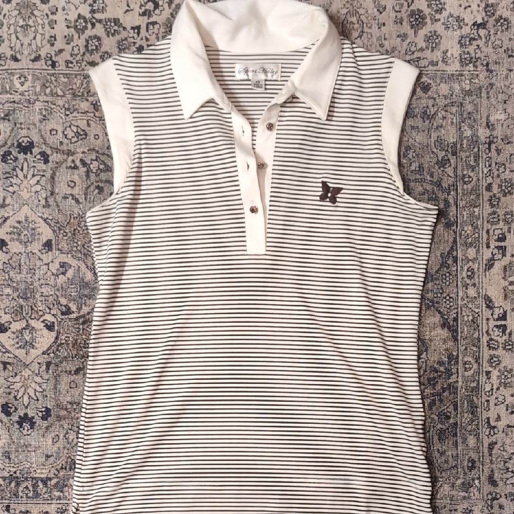 Sport Haley Black and White Striped Sleeveless Polo Golf Top